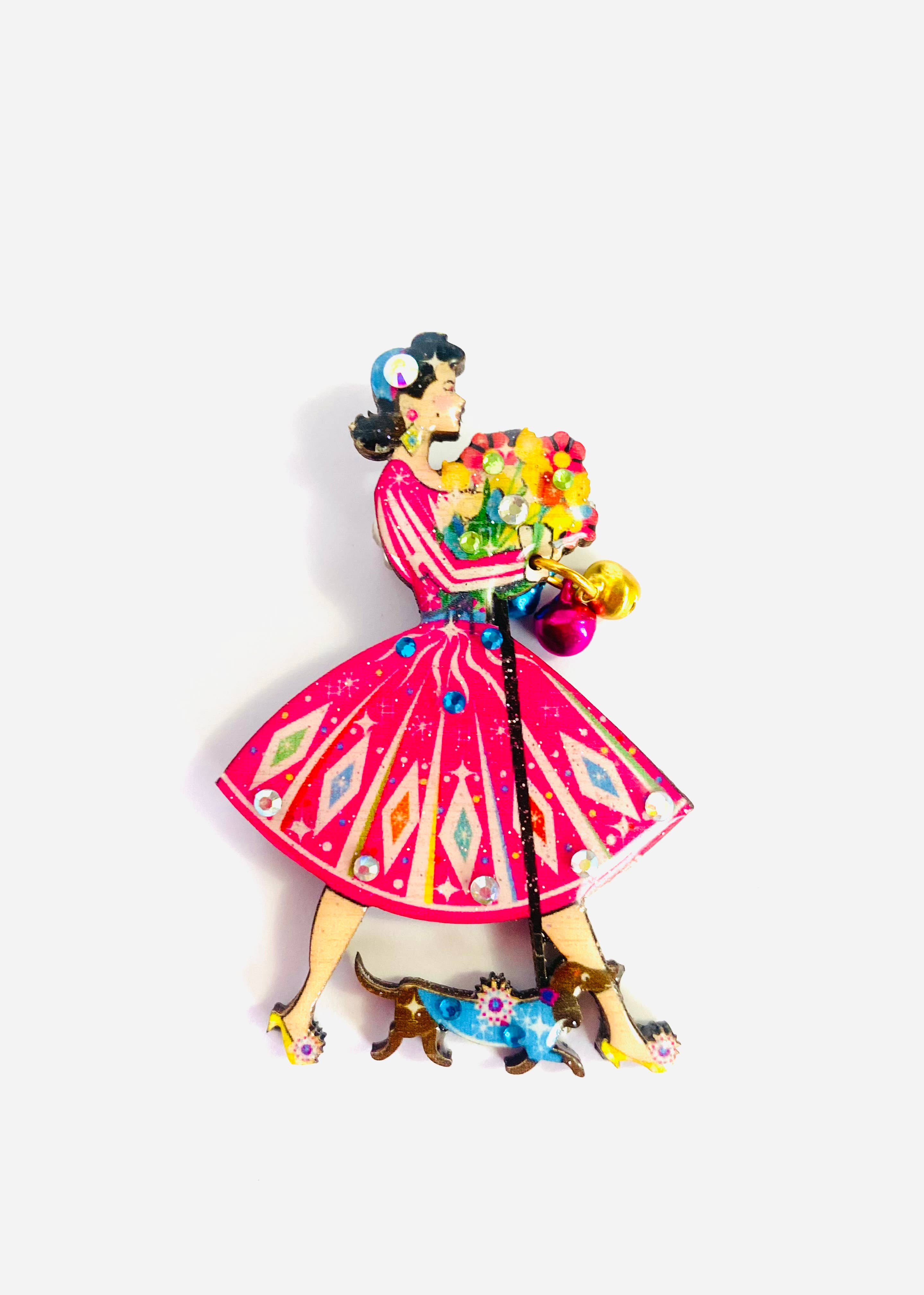 Rosie Rose Parker - Vente Broches - Broche rétro originale années 1950 avec dame d'été et chien saucisse2