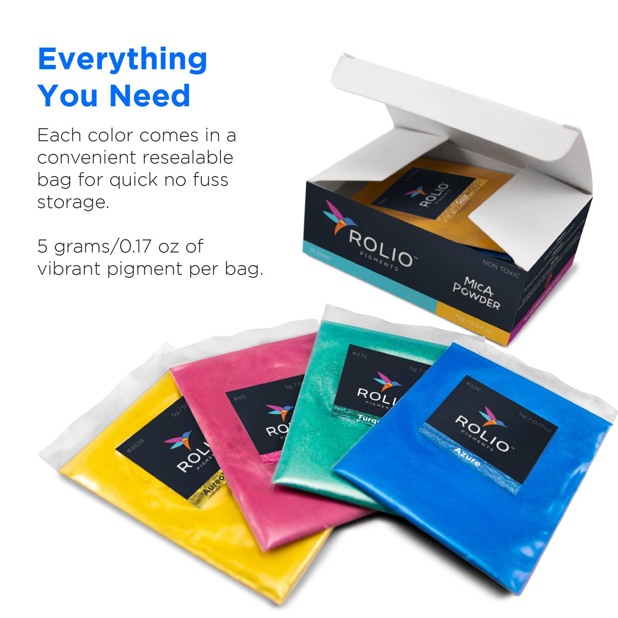 Rolio Pigments - Vente Pigments - Poudre de mica 15 couleurs nacrées - sachets de 5g6