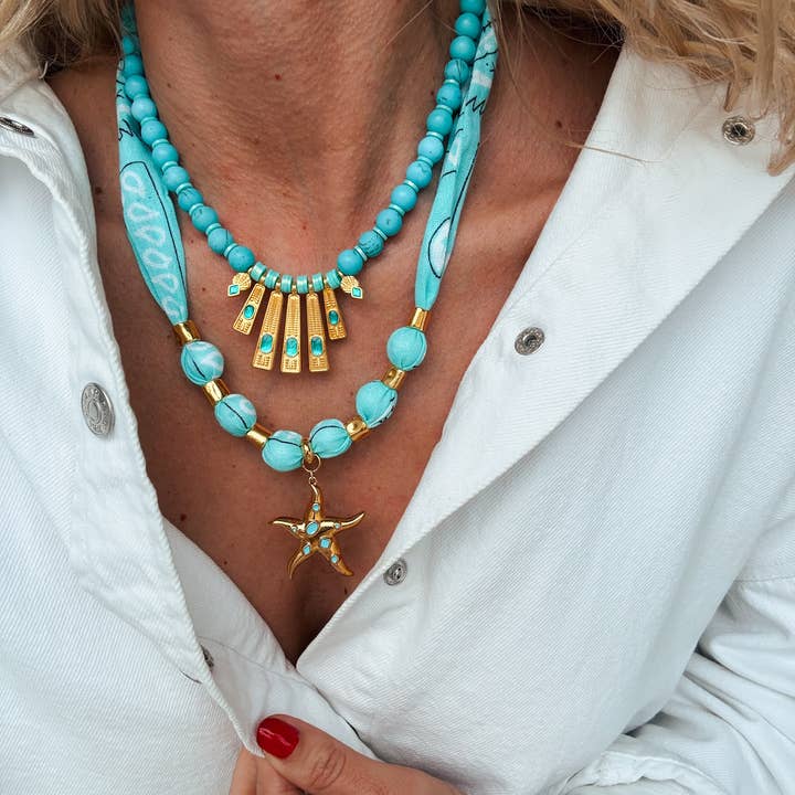 Goupi - Wholesale Beaded/Pearl Necklace - Aqua & Gold Layered Necklaces – Scarf necklace & Starfish