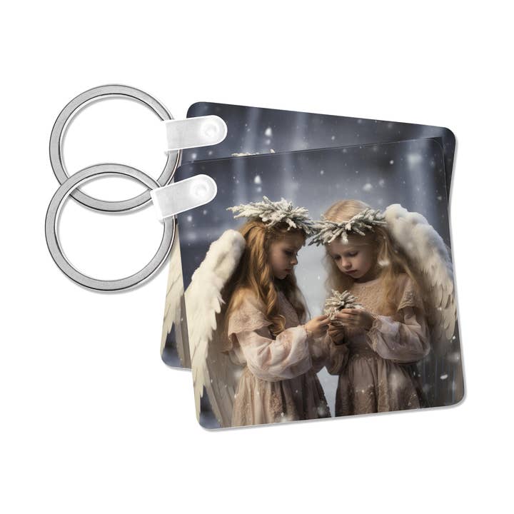 3dRose – wholesale Keychain – Unisex – 3dRose, Photo of two girls dressed in white with angel wings holding flowers., Key Chain0