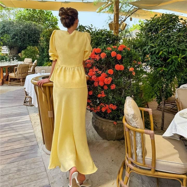 Yellow Solid Color Bubble Sleeve Top Skirt Set for wholesale on Faire4