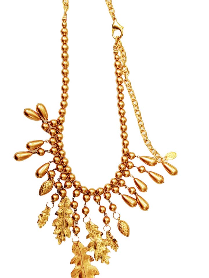 Gold Vintage Pearls Necklace with Brass Leaves and Pinecones for wholesale by Gay Isber Designs