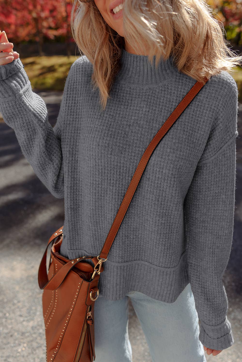 Lovesoft - Wholesale Knit Sweater - Women's - Gray Morn Waffle Texture Knit Ribbed High Neck Drop Shoulder Sweater12