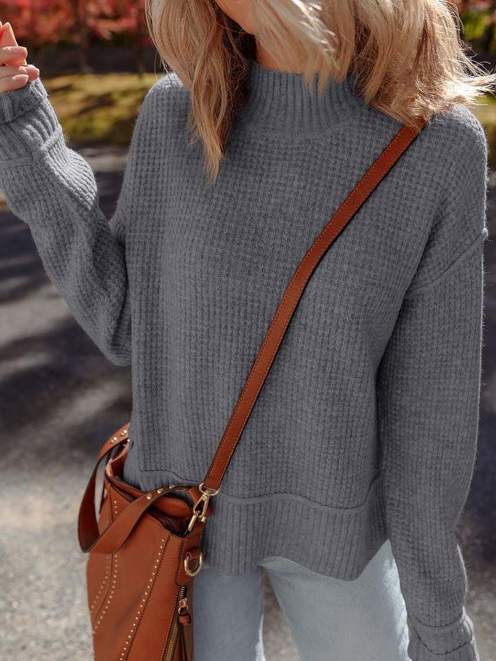 Lovesoft - Wholesale Knit Sweater - Women's - Gray Morn Waffle Texture Knit Ribbed High Neck Drop Shoulder Sweater12