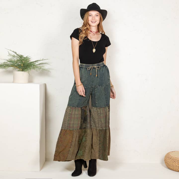 Young Threads - Wholesale Pants - Women's - Western Boho Chic: Tiered Patch Inserted Denim Pants