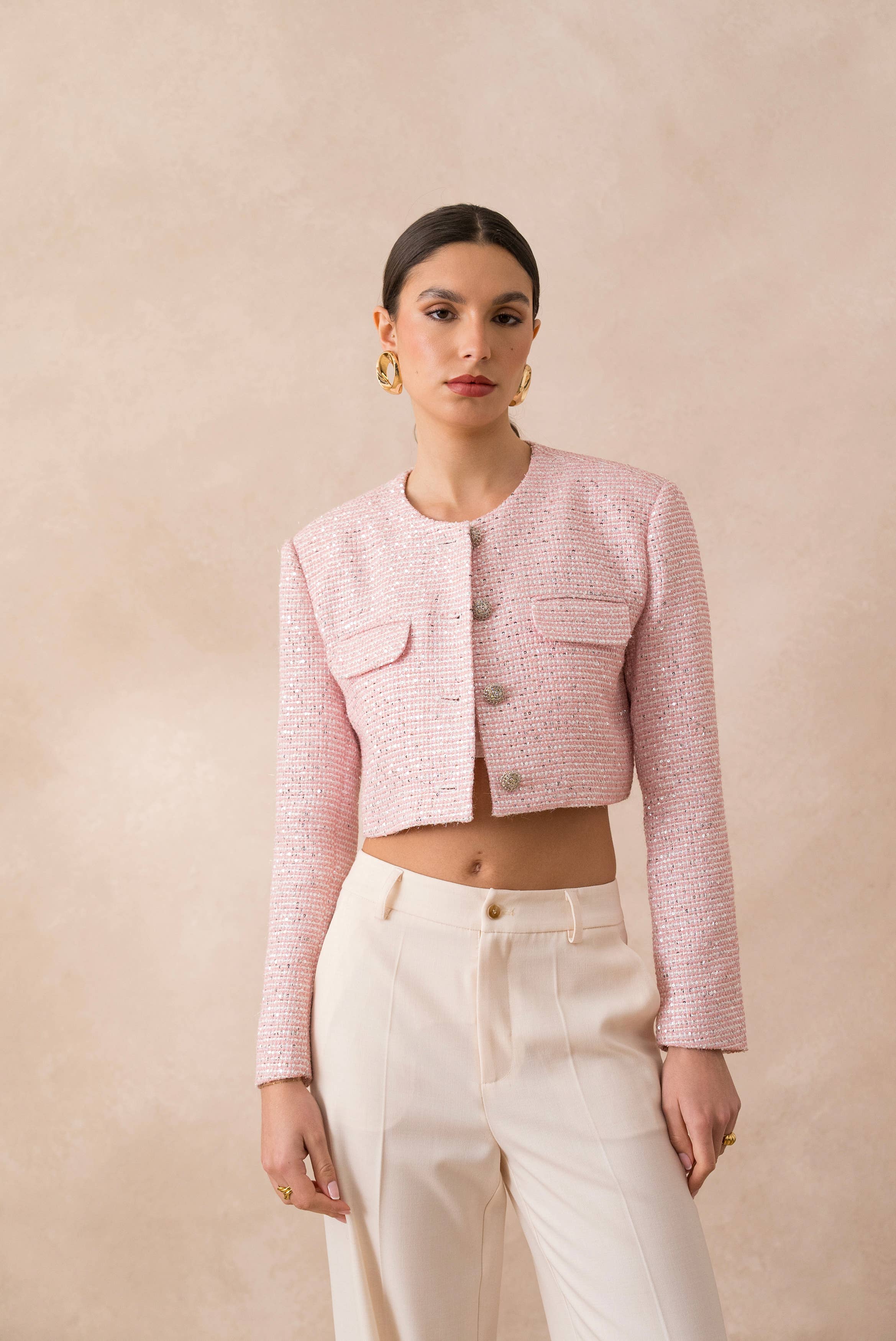 Attentif Paris – Großhandel Jacke – Damen – Kurze Tweedjacke mit Pailletten ohne Kragen25