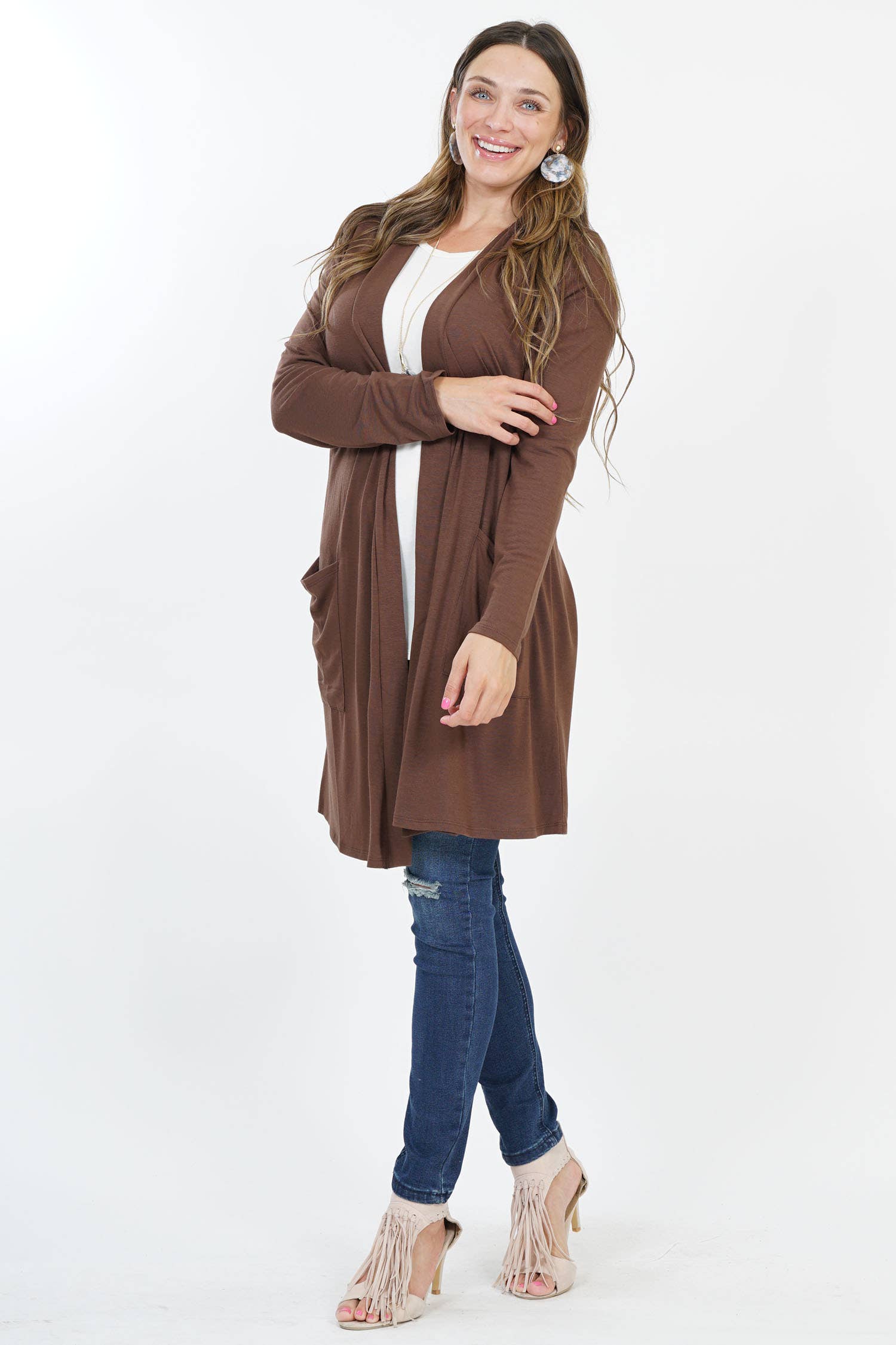 42POPS - Wholesale Cardigan - Women's - ..SI-7552 Plus Knee Length Slouchy Pocket Open Cardigan0