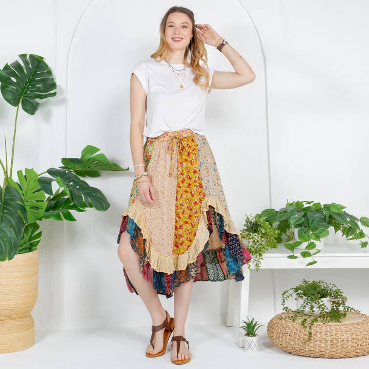 Young Threads - Wholesale Skirt - Women's - Bohemian Mid-Length Skirt with Rayon Print
