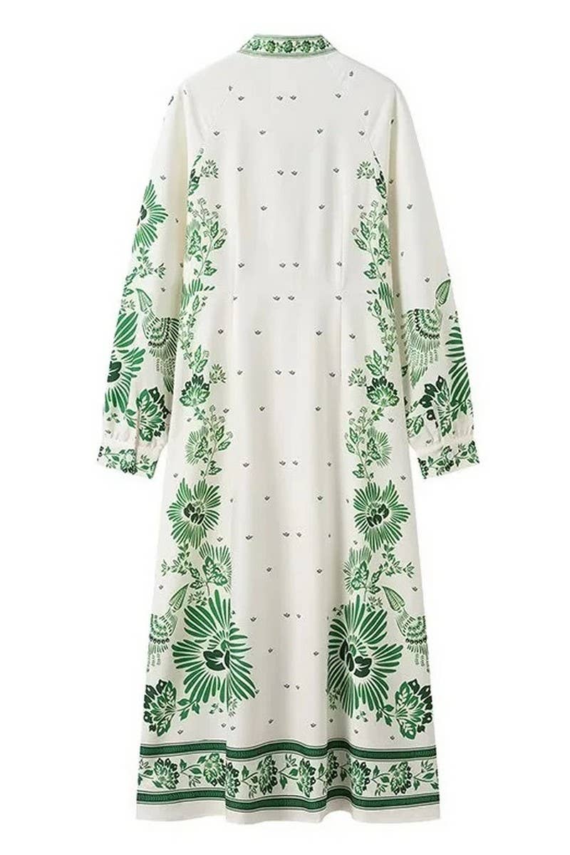 GREEN CWDMD4143_V-NECK LANTERN SLEEVE PRINTED LONG DRESS for wholesale on Faire5
