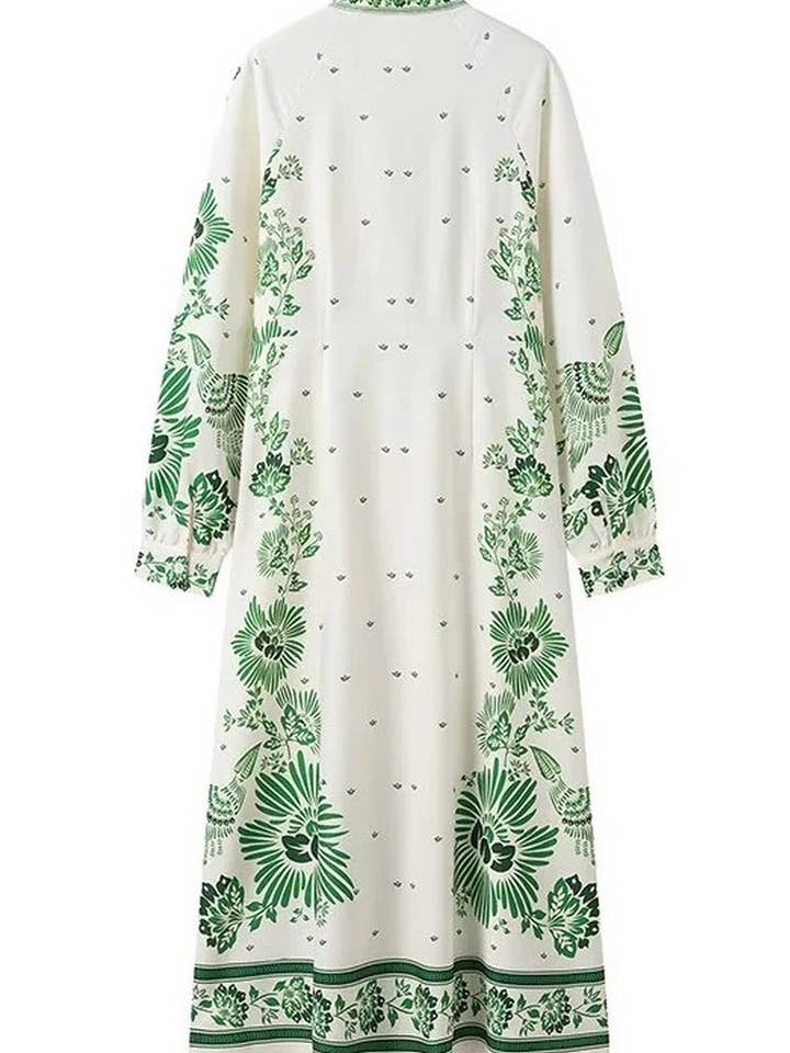 GREEN CWDMD4143_V-NECK LANTERN SLEEVE PRINTED LONG DRESS for wholesale on Faire5