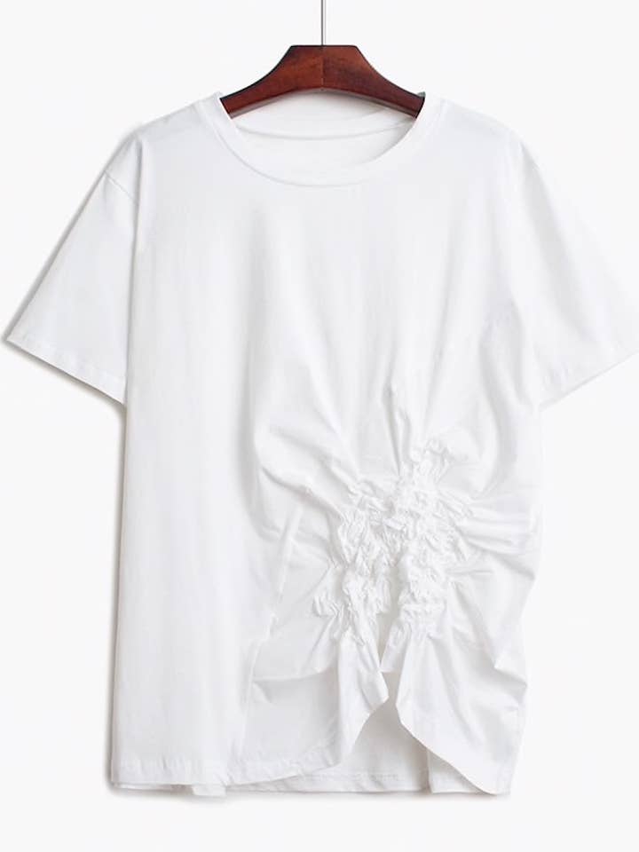 Ruched S/S gebreide geweven mode t-shirt voor wholesale door Luxe & Leather by Madonna & Co