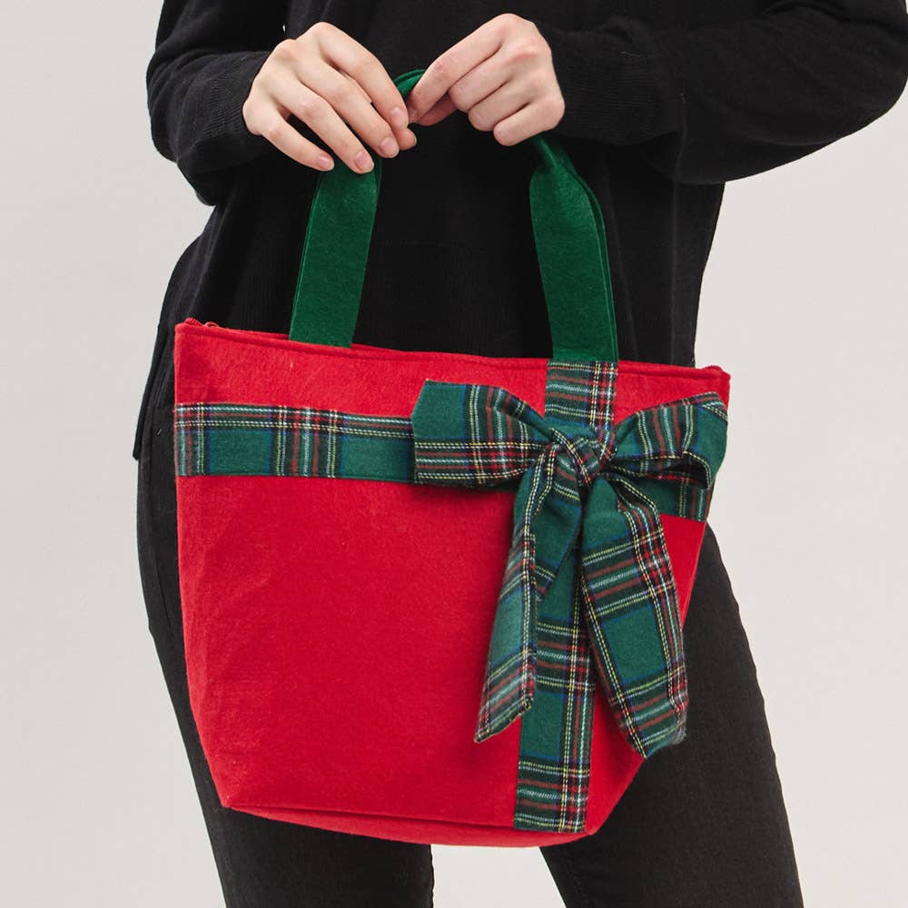 JOIA ACCESSORIES - Wholesale Tote Bag - Women's - CHRISTMAS GREEN TOTE BAG WITH RED PLAID BOW, MB 032110