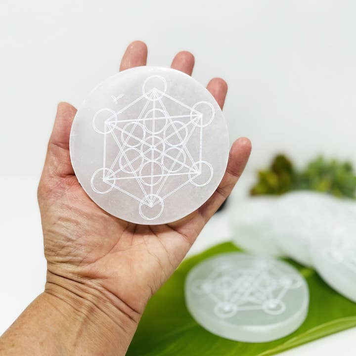 Crystal Selenite Round Engraved Metatron Charging Plate 10cm for wholesale by Rock Paradise