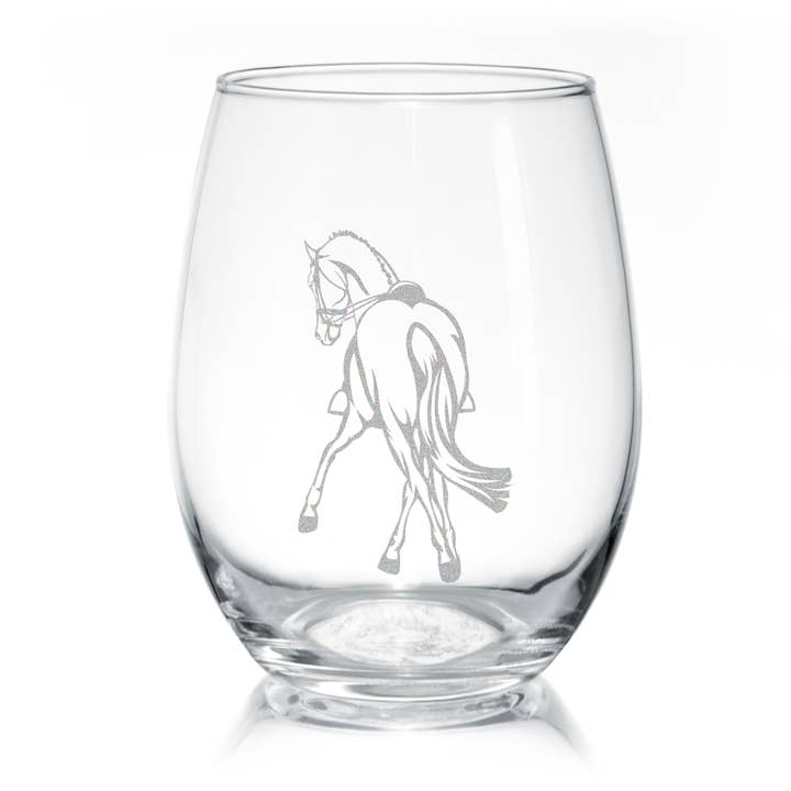 Half Pass Dressage Horse Stemless Wine Glass Equestrian Gift for wholesale by Classy Equine