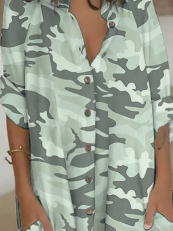 CAMUFLAJE VERDE Minivestido camisero holgado con botones y solapa de camuflaje de manga larga de venta al por mayor en Faire1