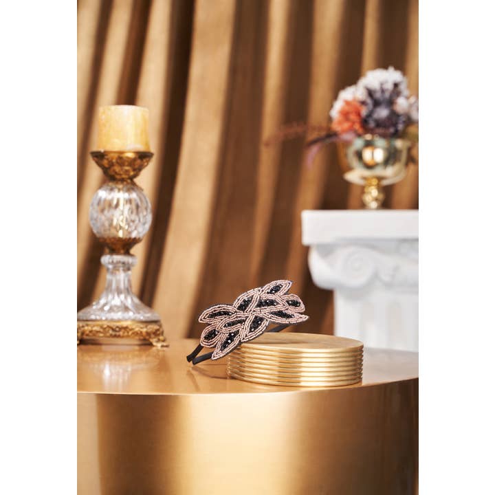 Dark Gold Black Embroidered Crystal Leaf Headband for wholesale on Faire