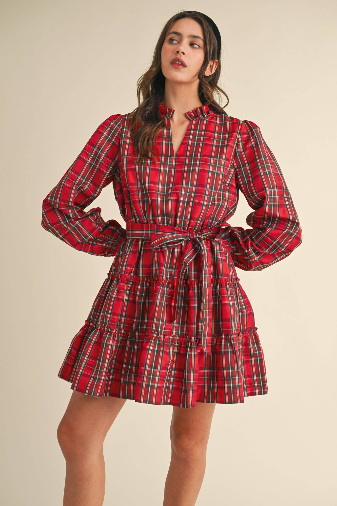 &MERCI - Wholesale Dress - Women's - PLAID MINI DRESS WITH TIERED RUFFLE TRIM MDR353815