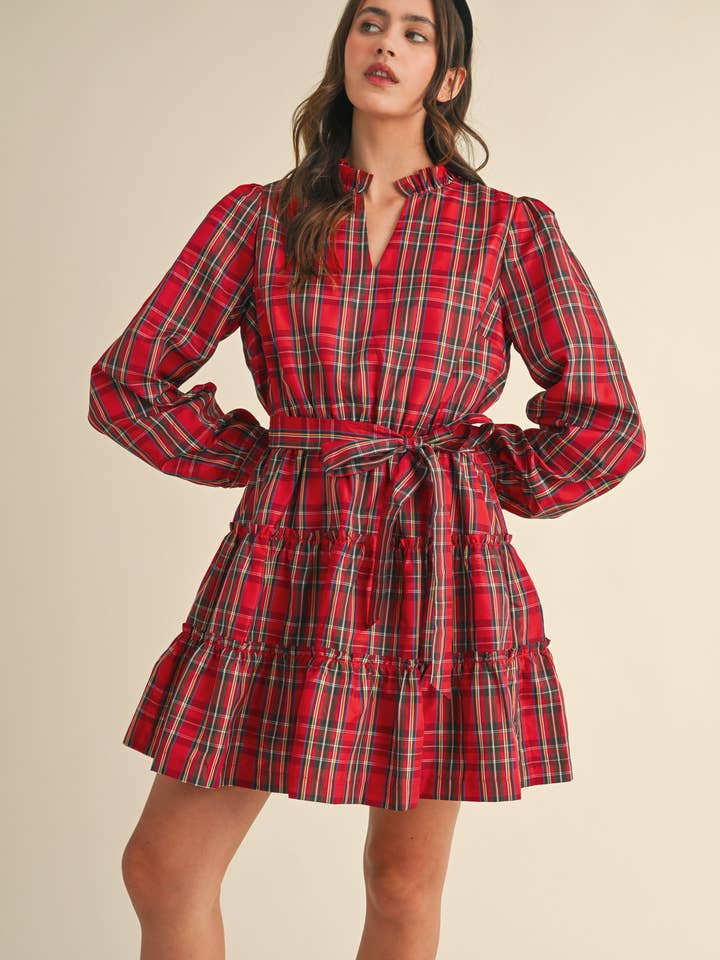 &MERCI - Wholesale Dress - Women's - PLAID MINI DRESS WITH TIERED RUFFLE TRIM MDR353815