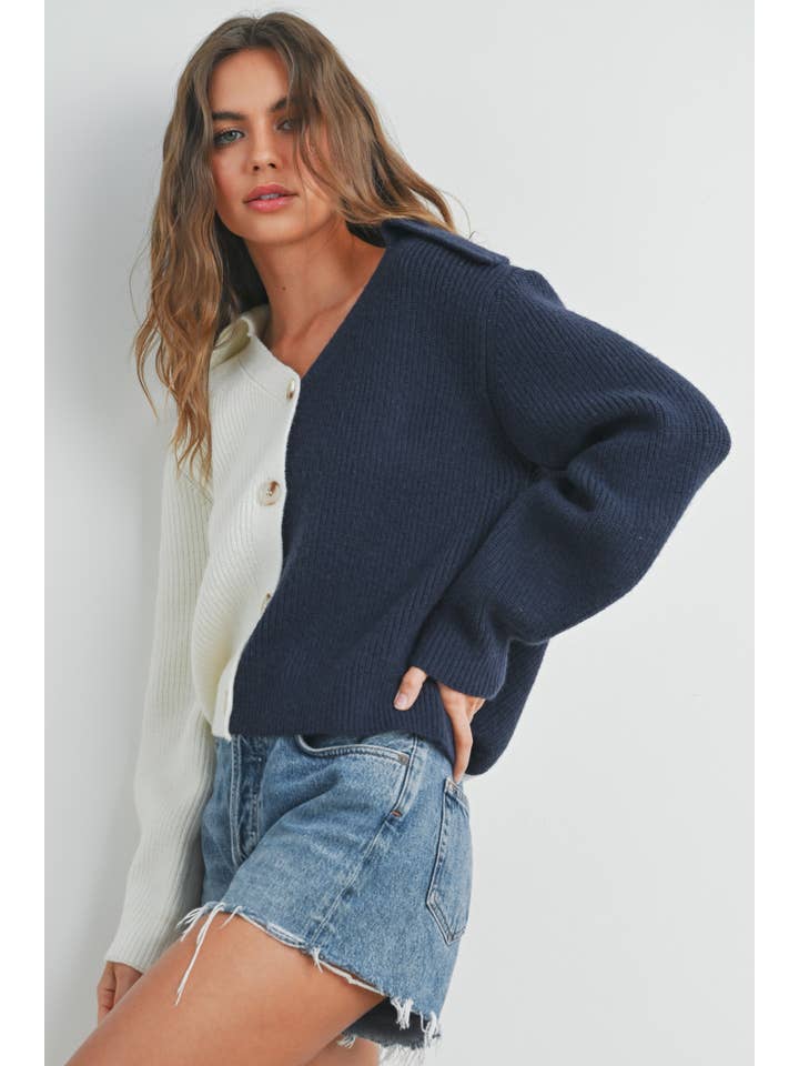 BUTTERMELON - Wholesale Cardigan - Women's - Two Tone V-Neck Cardigan - BMW7390