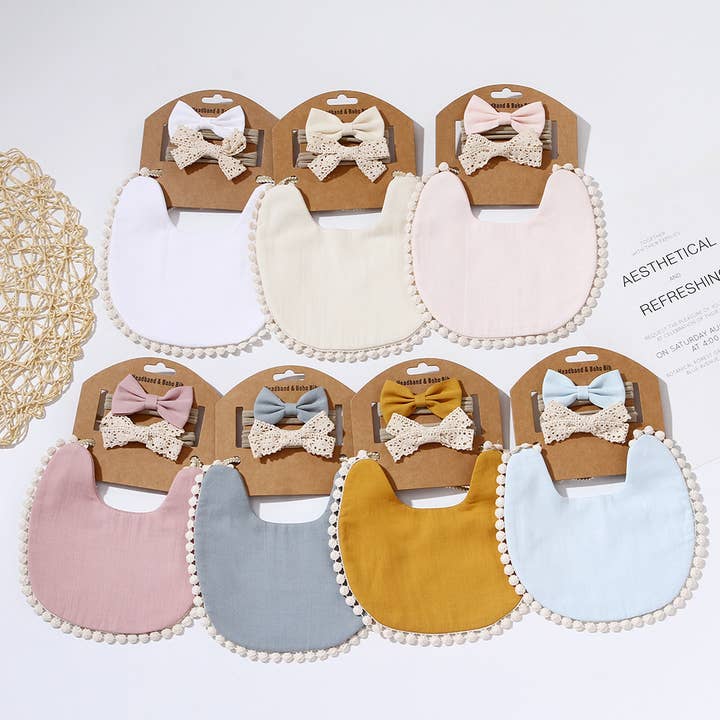 Little Trendy - Wholesale Bib - Baby - Newborn Baby soft bamboo cotton lace Bib and headband Set