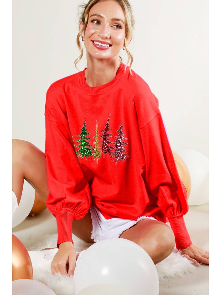 Vine & Love - Wholesale Knit Sweater - Women's - Christmas Tree Sequin Detail Knitted Sweater Top VT8148416