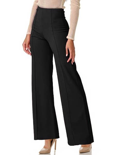 Color 5 - Wholesale Pants - Women's - Solid color wide leg high waist dressy pants with trim line