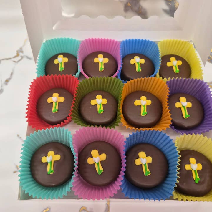 Cross Yellow on Oreo's Hand Decorated box of 24 for wholesale by Bear Creek Candy Kitchen