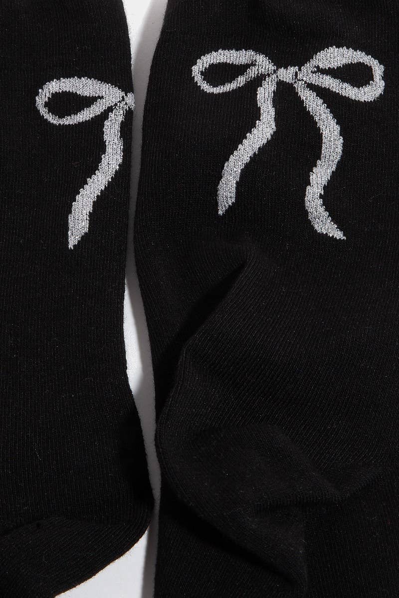 Long Silver Glitter Ribbon Bow Embroidered Black Socks for wholesale on Faire1