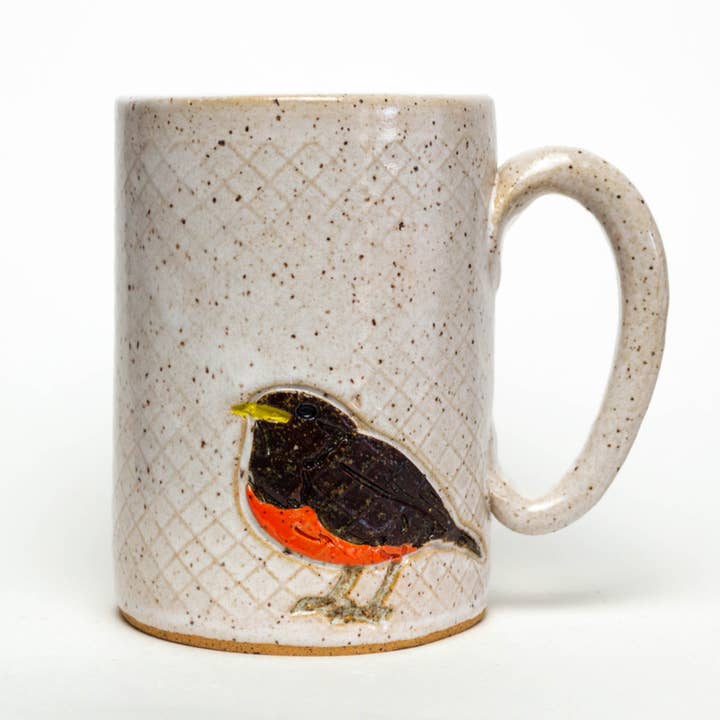 Robin Design Handmade in Ohio Ceramic White 14oz Mug for wholesale by White Squirrel Clayworks