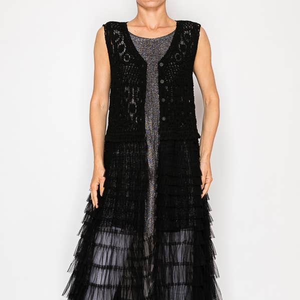 Crochet vest with a long tiered mesh layer - OLS-4921BLACK for wholesale by Origami Apparel ~ Lace and Crochet inspired