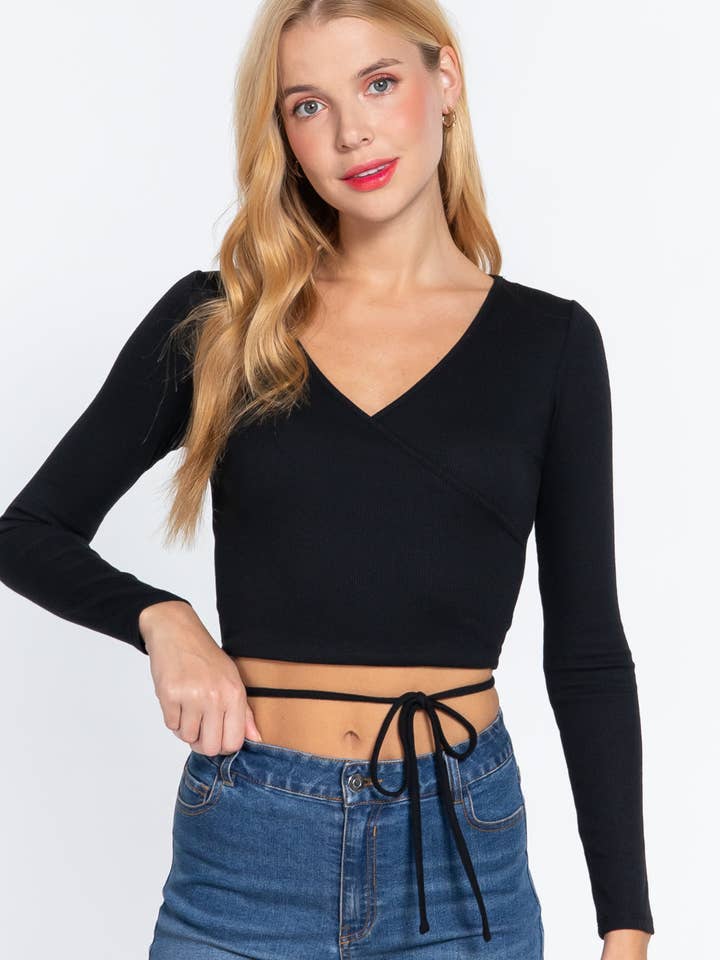 CC Wholesale Clothing - Wholesale Knit Top - Women's - Long Slv Surplice Wrap Rib Knit Top0