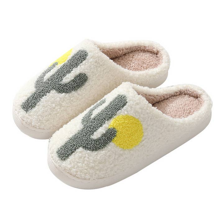 White CACTUS PATTERN WARM COTTON SLIPPERS_CWSHS0285 for wholesale on Faire