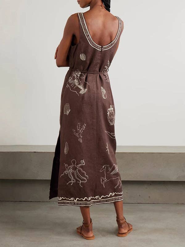 COFFEE Printed Sleeveless Spaghetti-Neck H-Line Vacation Maxi Dresse for wholesale on Faire2
