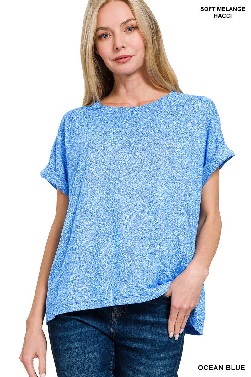 42POPS - Wholesale Knit Top - Women's - `.Soft Melange Folded Sleeve Round Neck Top10