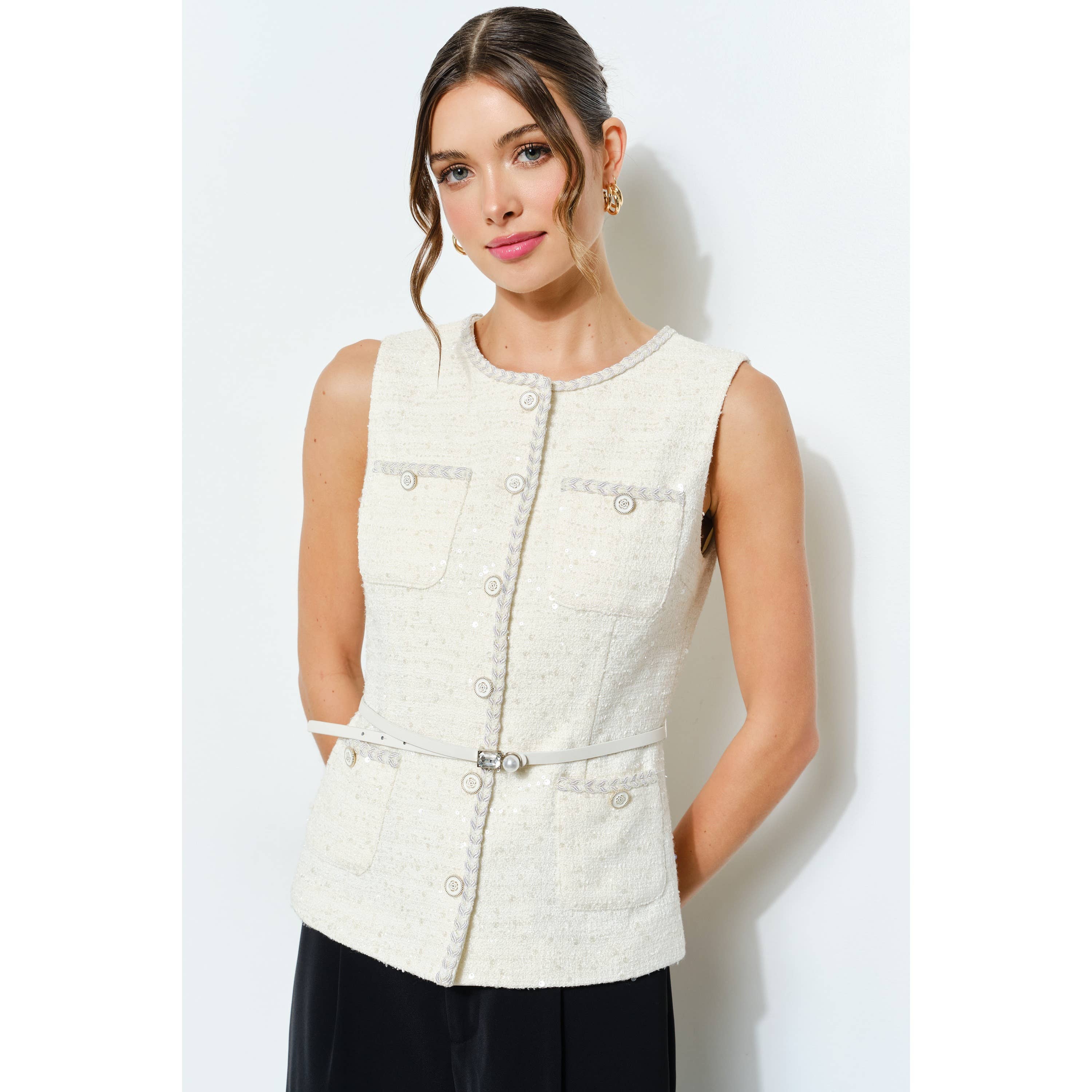 INA - Vente Veste – femme - Haut sans manches en tweed à sequins ceinturé0