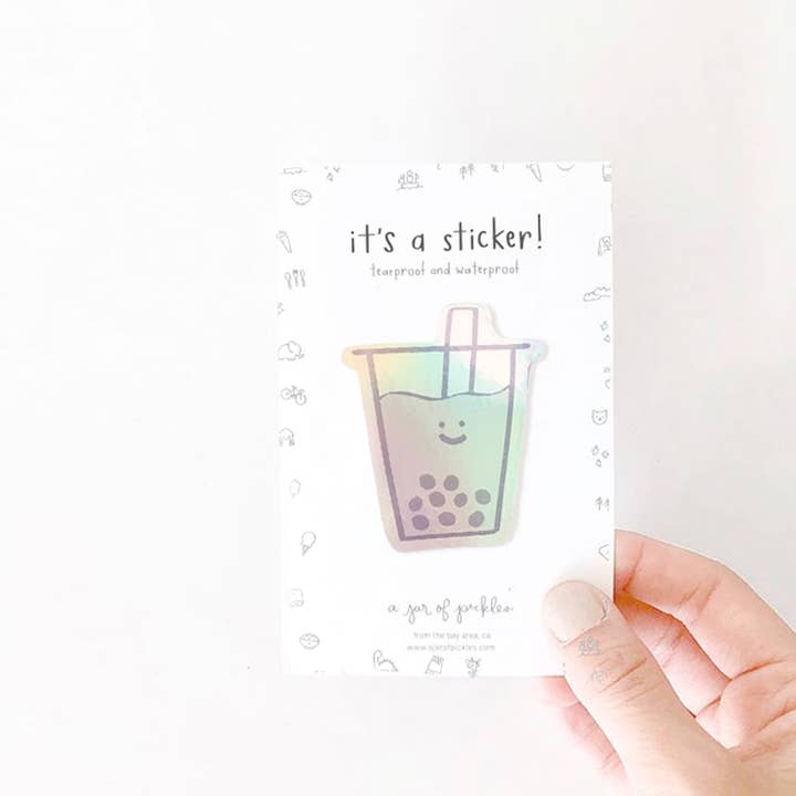 Holographic Boba Vinyl Sticker for wholesale by A Jar Of Pickles