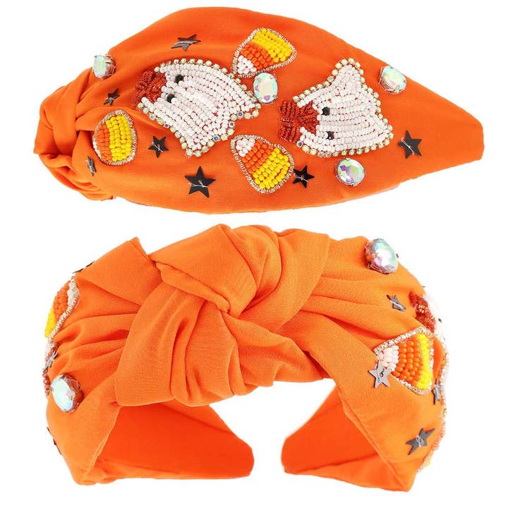 Or Halloween Themed Jeweled Top Knotted Headband H16061OR for wholesale on Faire