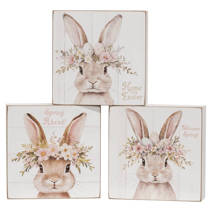 Welcome Spring Crown Bunny Box Sign 3 Assorted for wholesale by Col House Designs