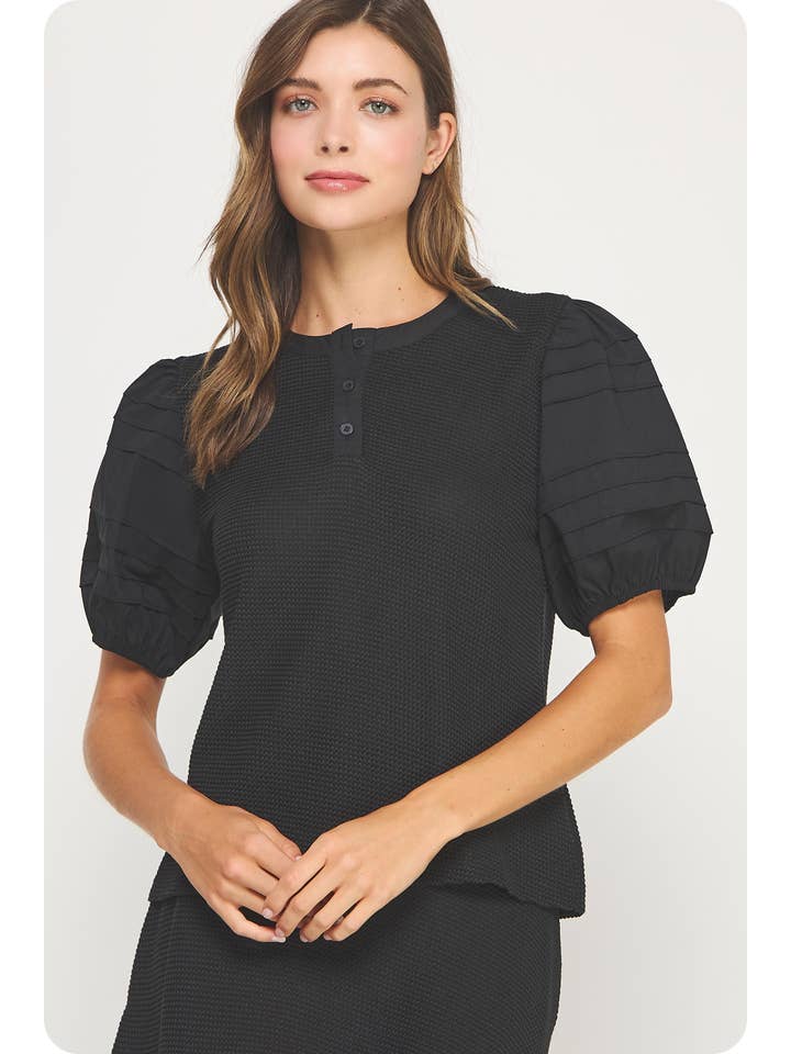 Strut & Bolt - Wholesale Blouse - Women's - Pintuck Puff Sleeve Textured Knit Top