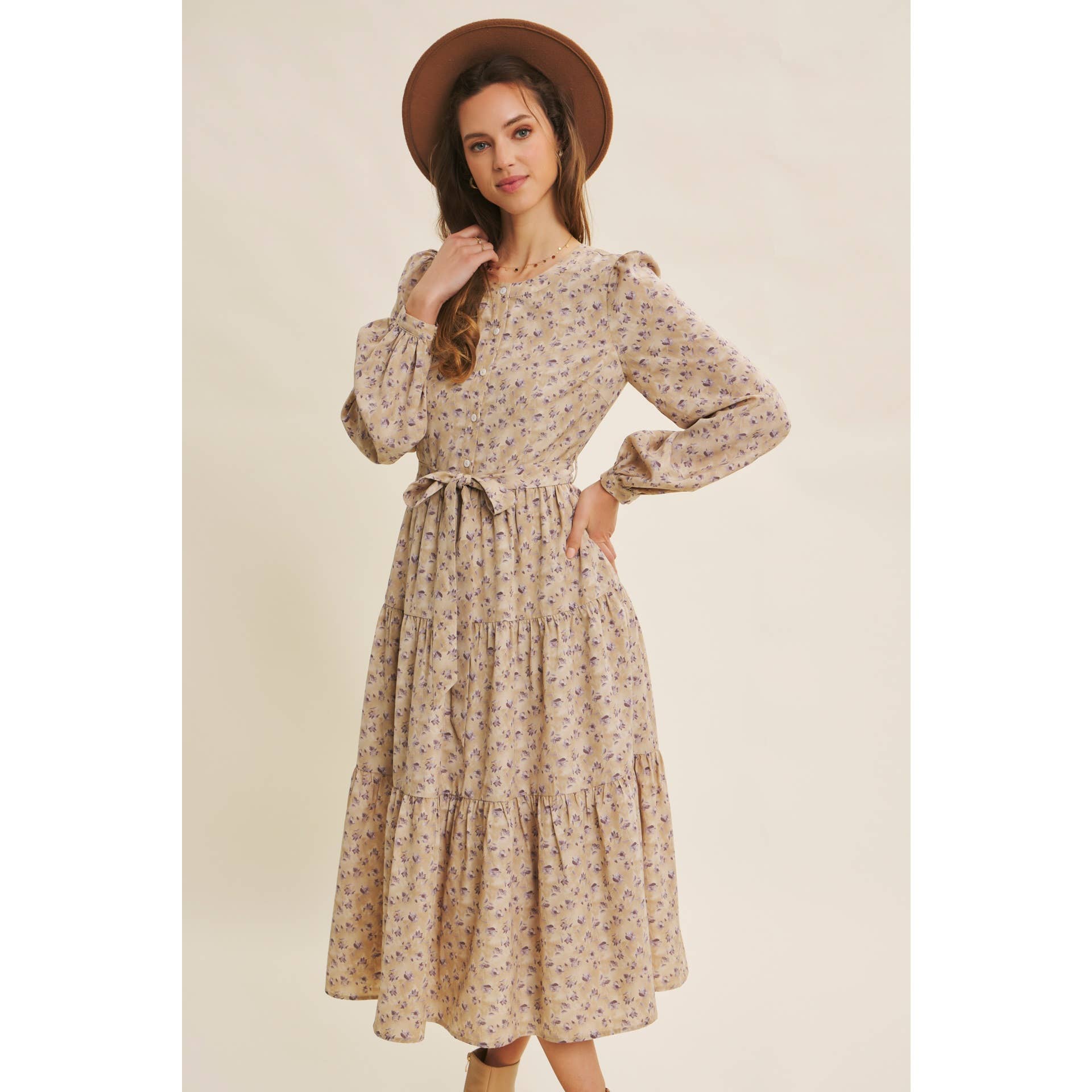 PIETRA MULTI ABITO MIDI FLOREALE MODERNO CON VOLANT E CINTURA in vendita all'ingrosso su Faire2