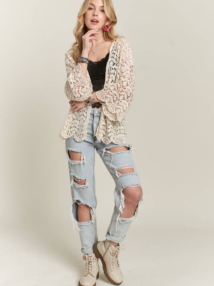 ADORA LA - Wholesale Cardigan - Women's - CET3547 - LEAF PATTERN CROCHET CARDIGAN