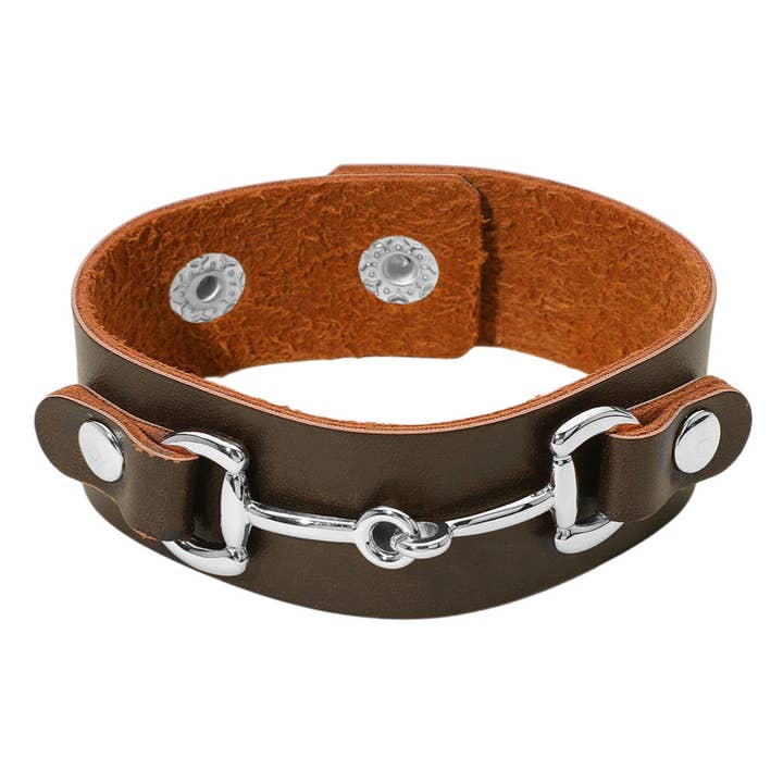 Sensibling Corp. - Wholesale Bangle Bracelet - Equestrian-Inspired Horsebit Accent Faux Leather Snap Bracelet4