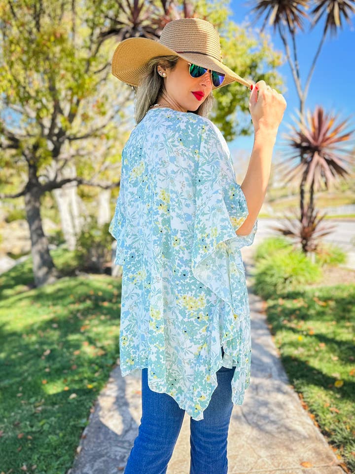 Sage Floral Printed Ruffle Sleeve Kimono Cover Up for wholesale on Faire