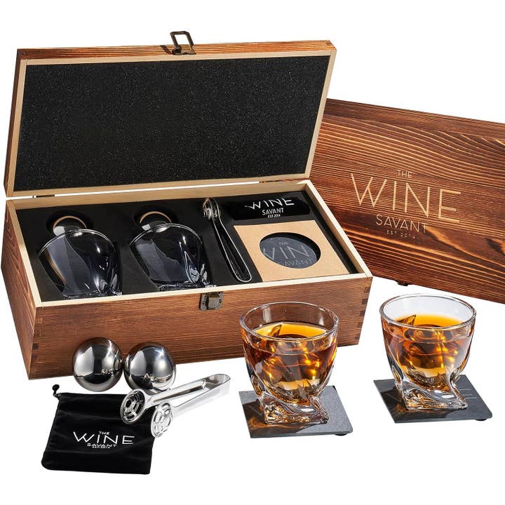 Luxurious Whiskey 2 XL Stones & 2x Glasses, 2x Coasters for wholesale by The Wine Savant / Khen Glassware