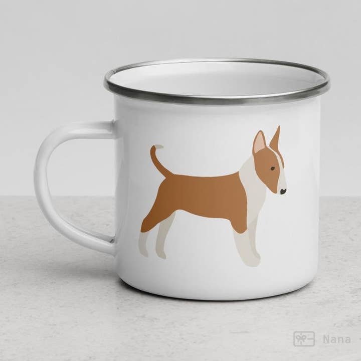 Fawn & White English Bull Terrier Tasse aus Emaille für den Großhandel von Nana + Belle