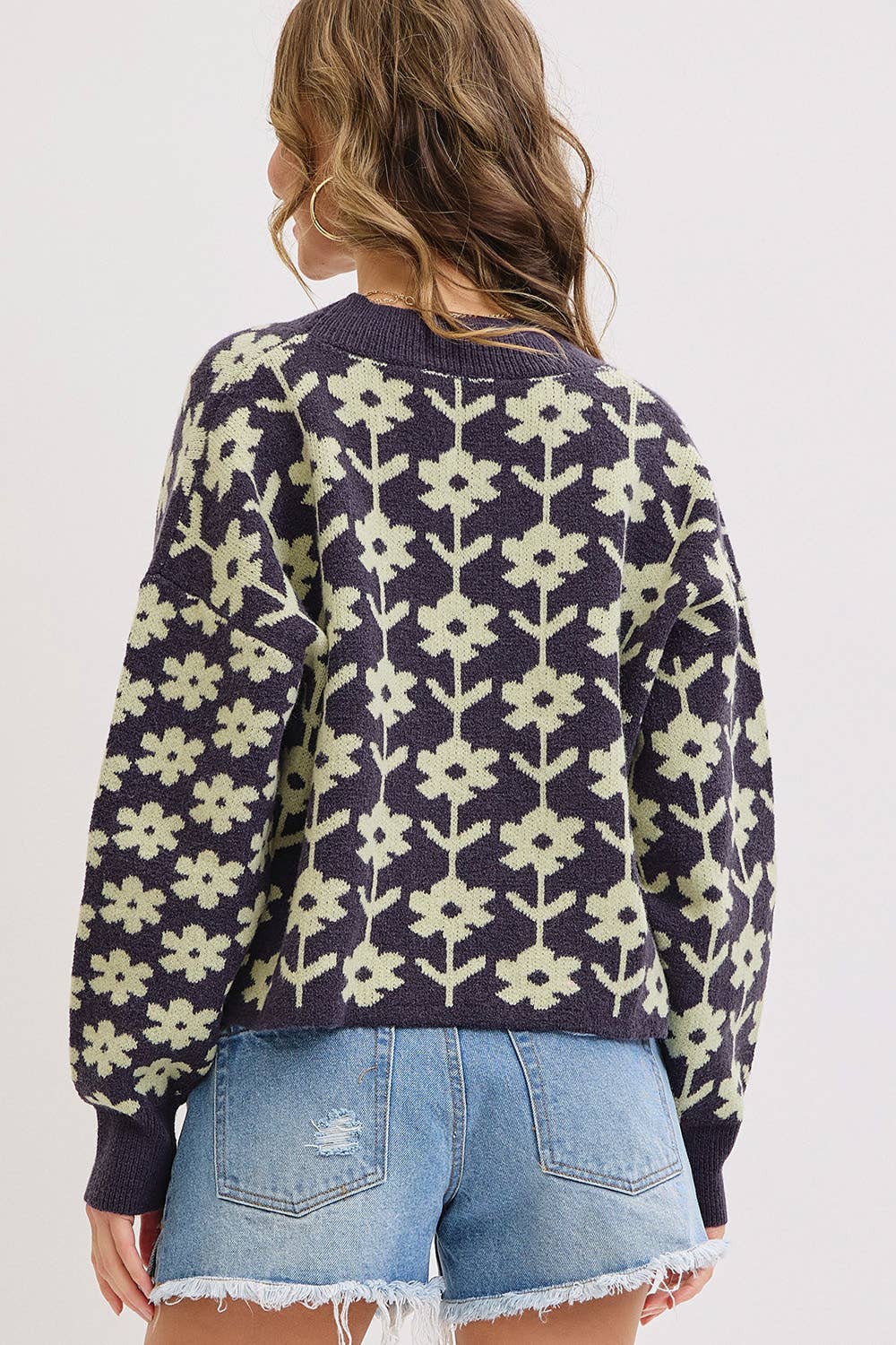 NAVY COZY PLAYFUL CASUAL FLORAL PRINT SWEATER KNIT CARDIGAN for wholesale on Faire2