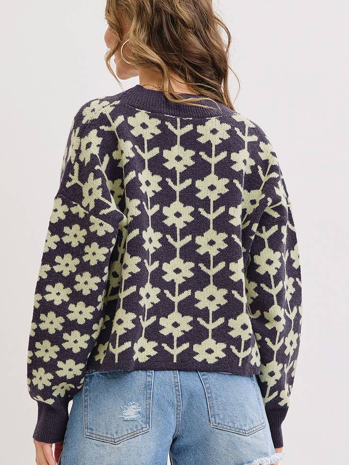NAVY COZY PLAYFUL CASUAL FLORAL PRINT SWEATER KNIT CARDIGAN for wholesale on Faire2