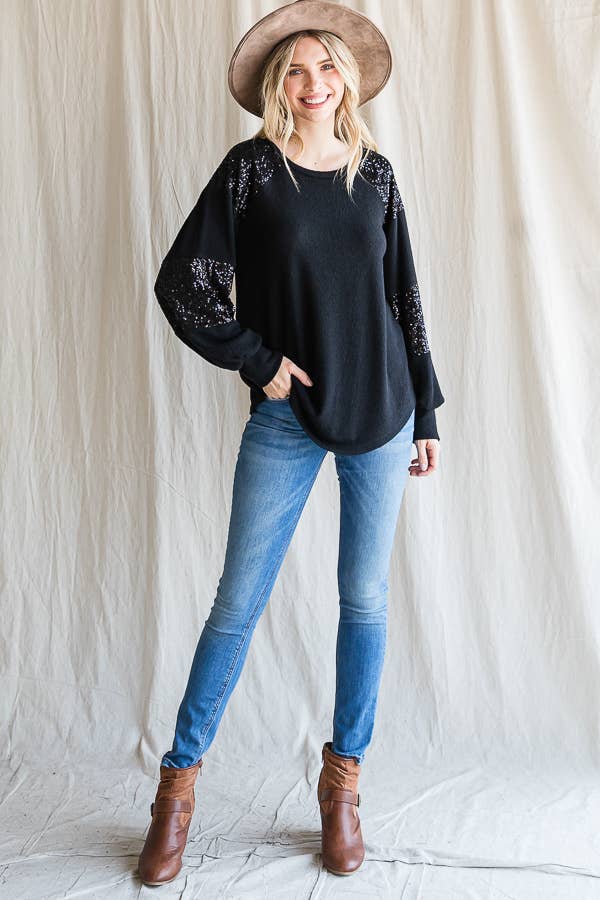 7th Ray - Wholesale Knit Top - Women's - Women's Casual Brush Knit Top with Sequin Contrast T439921