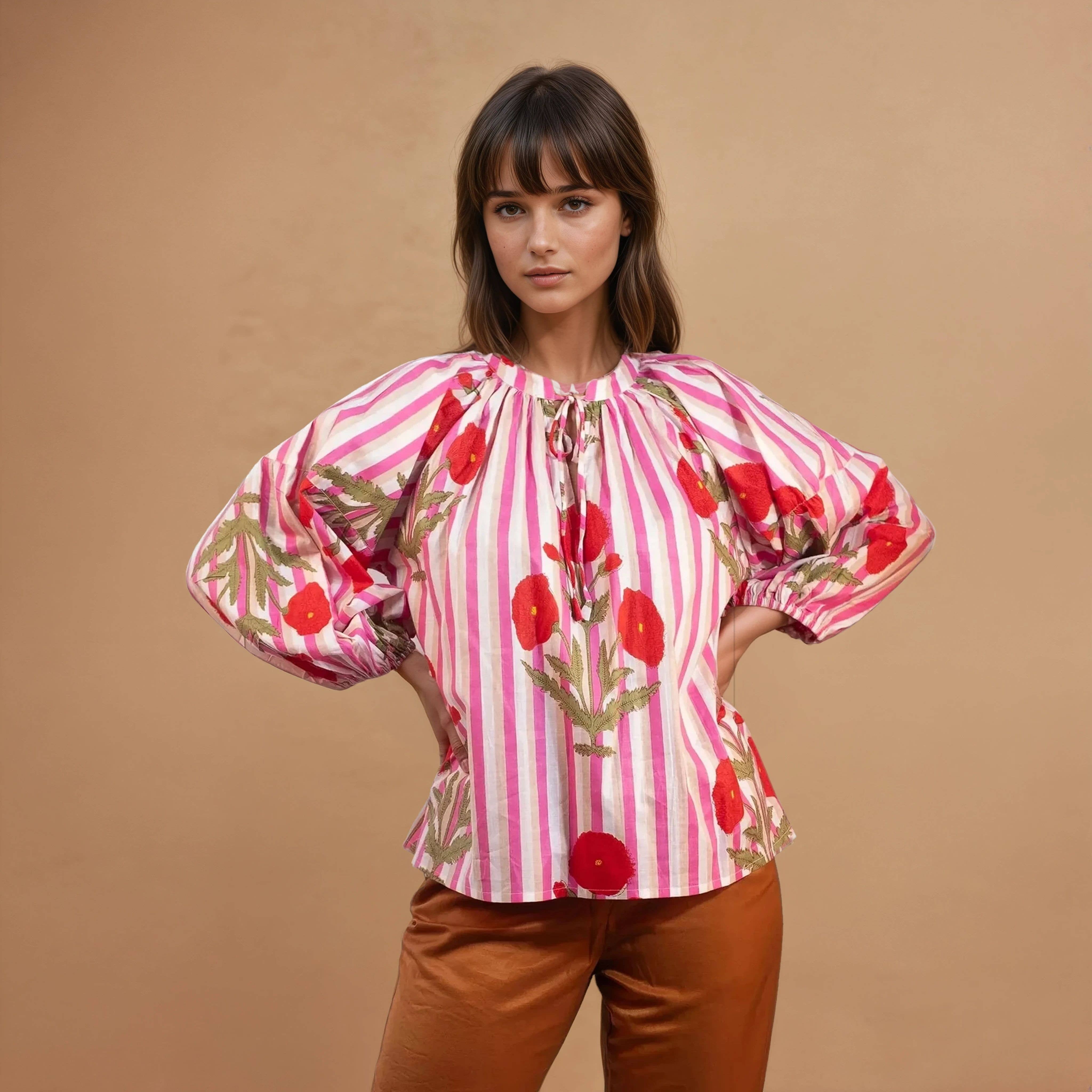 NO-B - Wholesale Blouse - Women's - Bohemian Blouse with Floral and Stripe Patterns | Akola-1