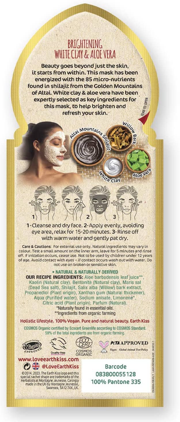 Beauty Goddess – wholesale Skincare face mask – Earth Kiss Inspirations Brightening Organic White Clay Mask with Shilajit, White Clay and Aloe Vera to Brighten Your Skin, 10g1